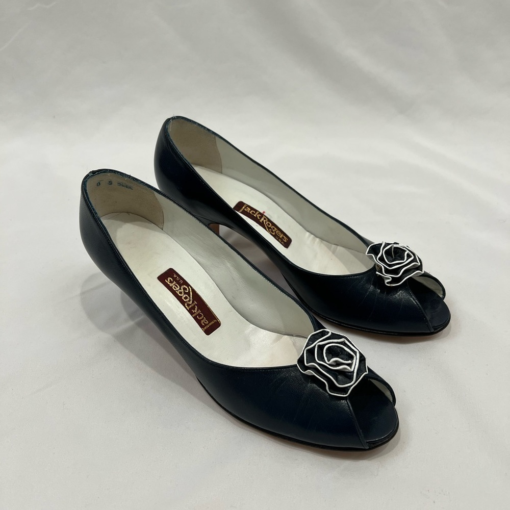 Vtg Jack Rogers 80’s Navy Blue Leather Peep Toe Heels With Rosette Size 8 S